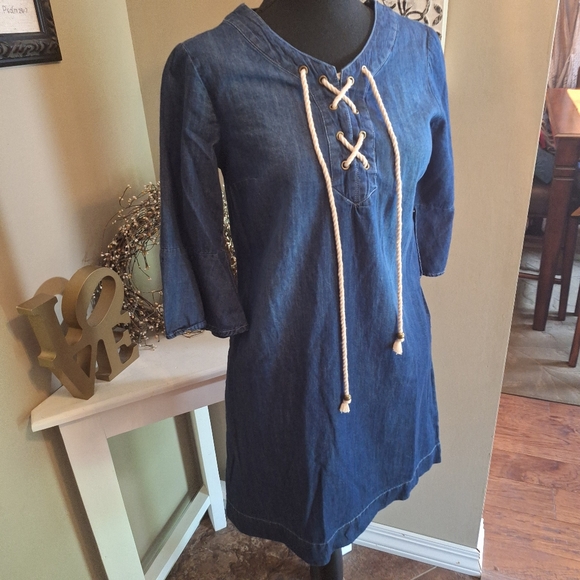 Y2K Vibes Blue Denim Jean Tunic Dress with Lace-Up Detail Bell Sleeve Sz XS - Picture 1 of 16